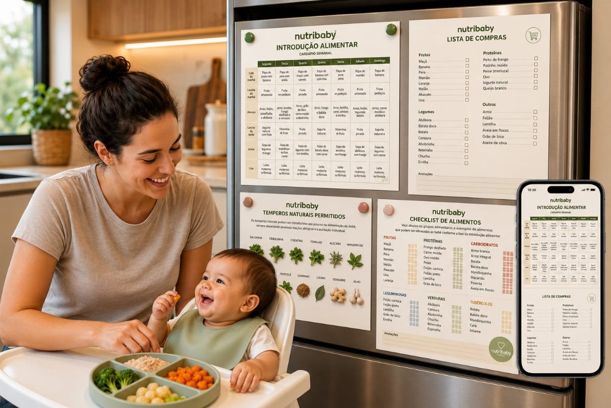 Geladeira com o protocolo NutriBaby: cardápios semanais, listas de compras e guias de cortes