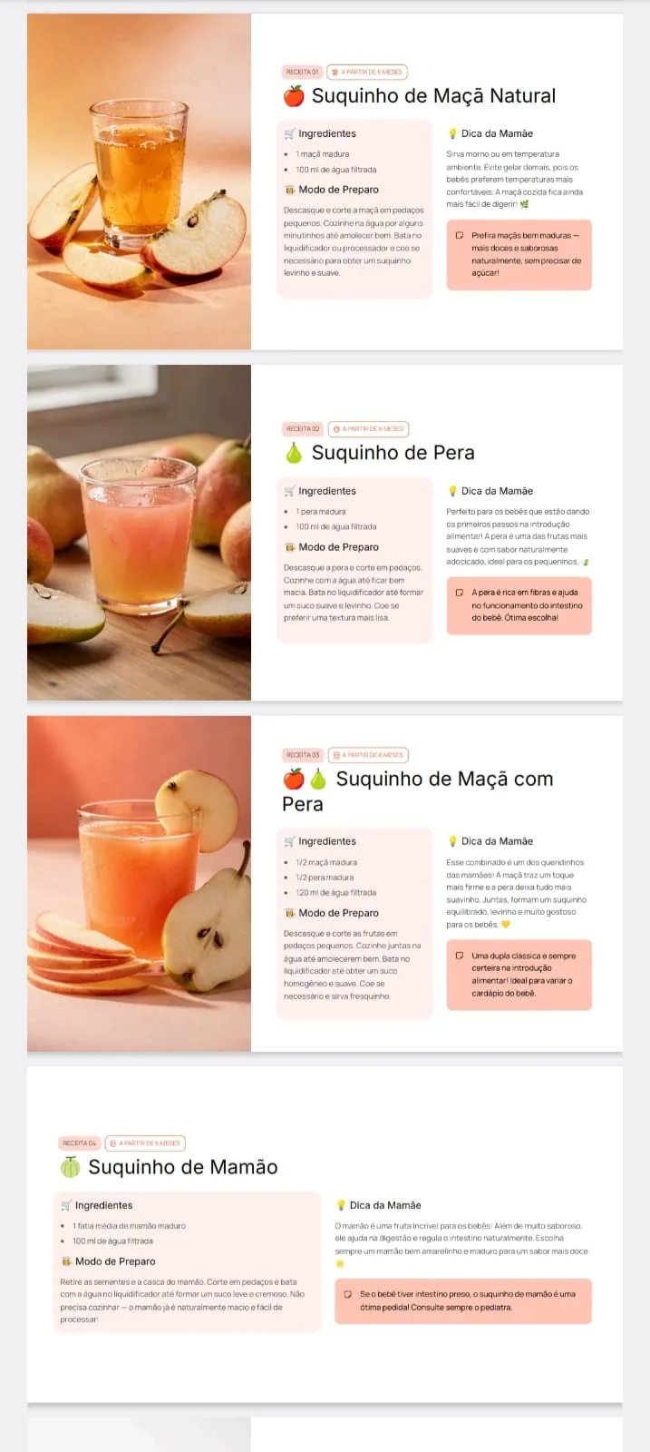 Receitas por fase — página demonstrativa do guia NutriBaby
