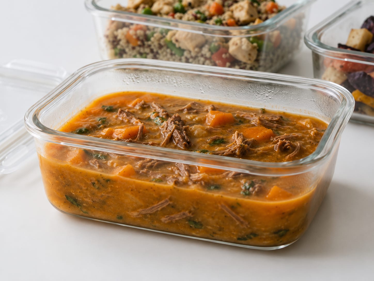 Abóbora com carne desfiada servida em recipiente de vidro