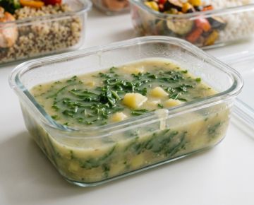 Caldo verde cremoso servido em recipiente de vidro