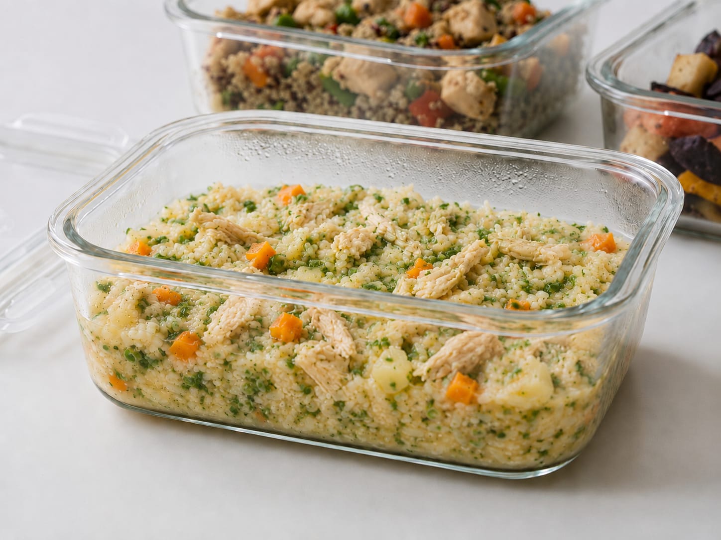 Filé de tilápia com arroz e legumes servido em recipiente de vidro